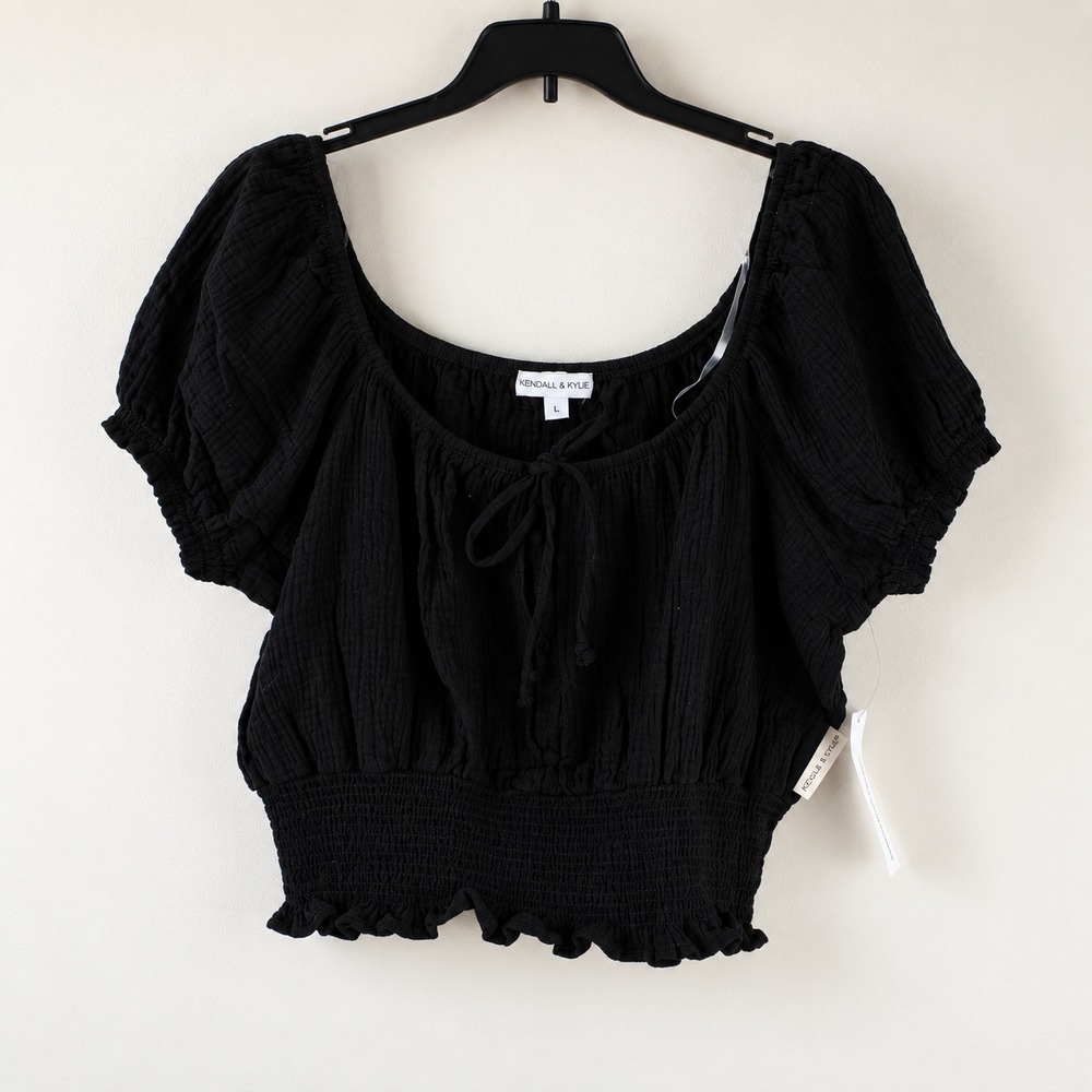 Kendall & Kylie Black Smocked Puff Sleeve Crop Top Cotton Gauze Large NWT